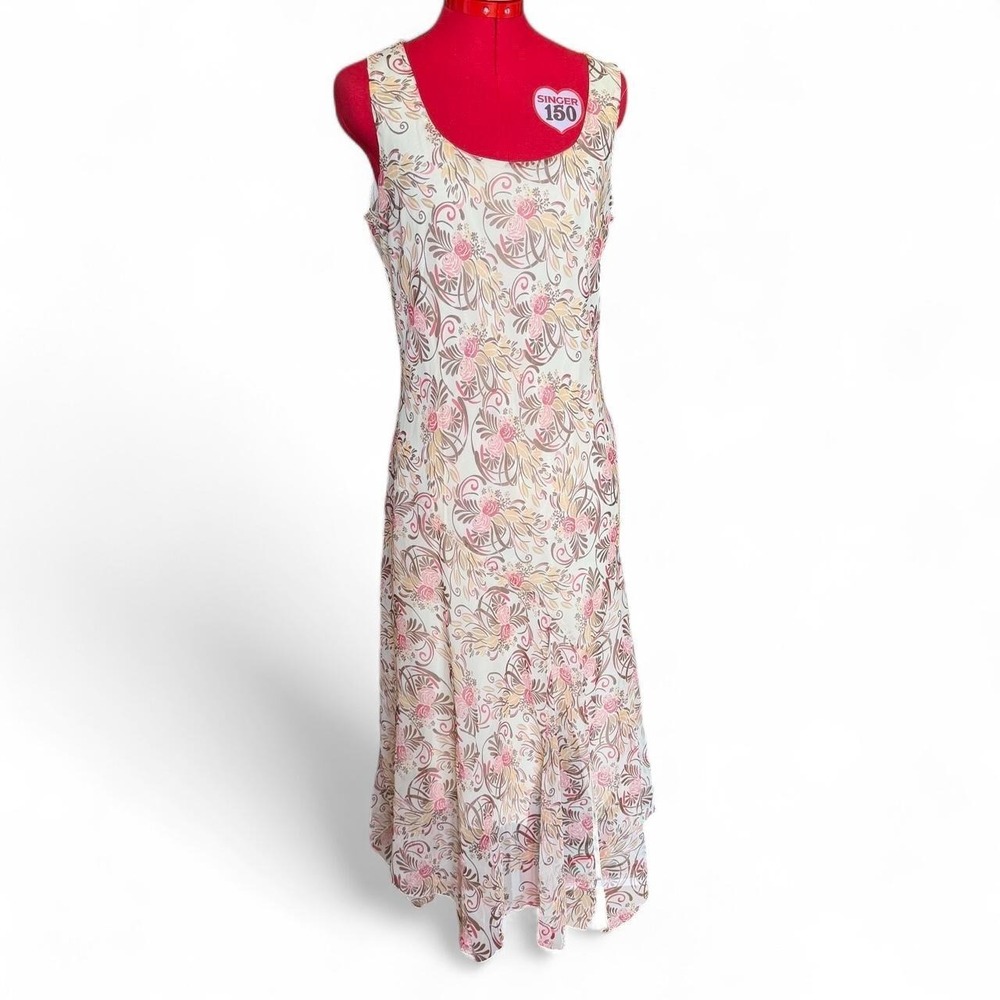 y2k dressbarn cream floral chiffon sleeveless maxi dress with fairy hem size 12